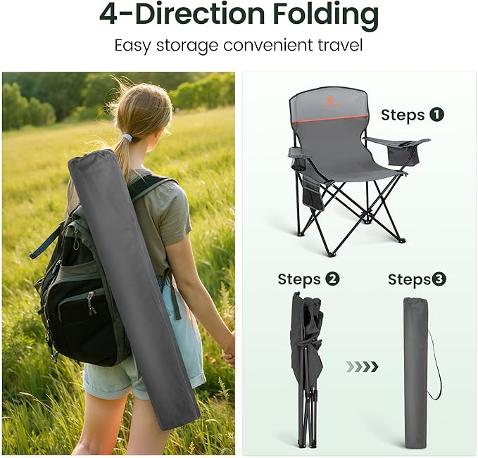 HIGH POINT SPORTS 2 Pack Portable Camping Chair for Adults, Folding Outdoor Camp Chair Lightweight Lawn Chairs Folding Collapsible Chair for Camping, Tailgates, Beach, Gray, Support 225lbs