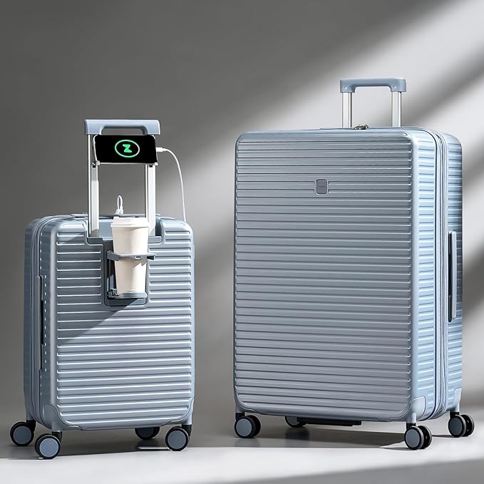 Hard Shell Suitcases Expandable Travel Luggage Sets 3 Piece, Carry on and Check in 3 Piece Luggage Suitcase Sets with Spinner Wheels Cup Holder Charger Built in (Caribbean Blue, 20/24/28)