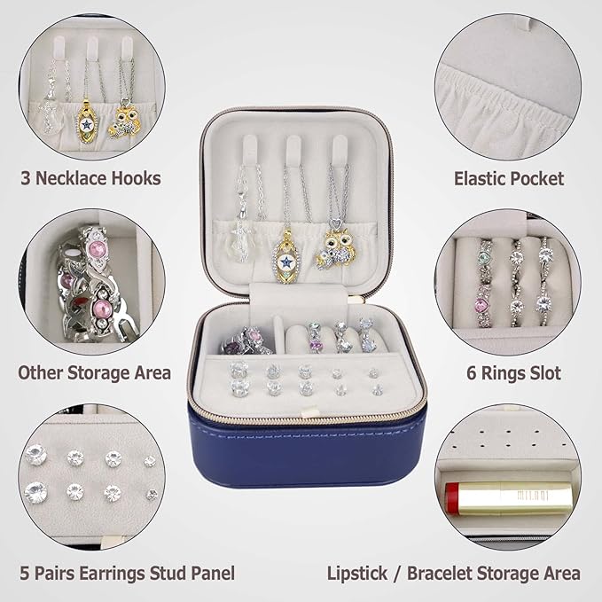 【2 Pack】 PU Leather Travel Small Portable Mini Travel Jewelry Organizer for Rings Necklaces Earrings and Lipstick Color Blue and Pink