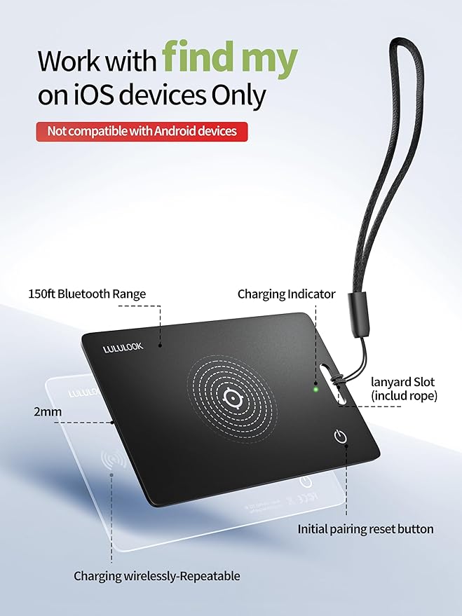 LULULOOK Wallet Tracker Card, Ultra Slim Airtag Wallet Works with Apple Find My (iOS Only), Wireless Rechargeable GPS Smartcard Tracker for Luggage, Tags, Passport, Purse, IP68 Waterproof, 1 Pack