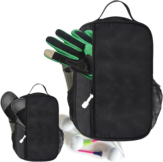 Shoe Bag Golf Travel Soccer Gym Sport with Side Accessory Outside Pocket for Socks Shoe Pouch Portable Large Shoe Storage Bag for Packing Zippered (Black Grey)