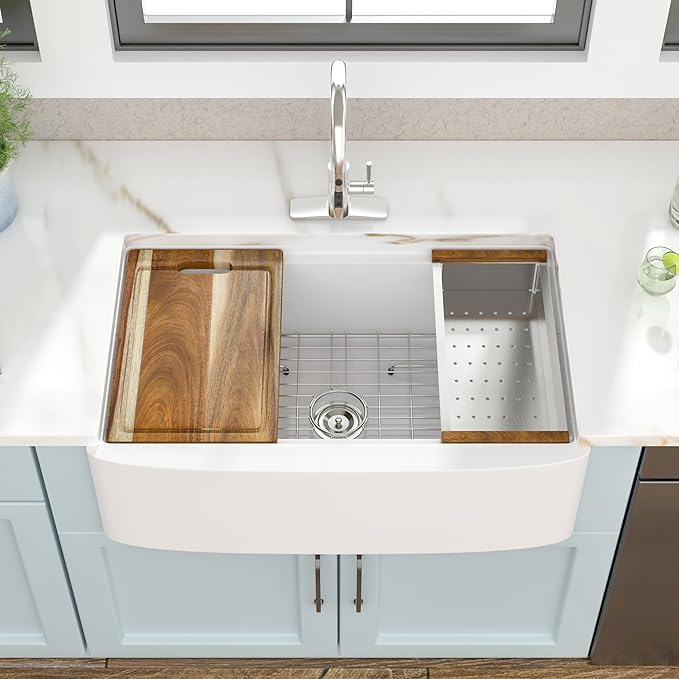 33 White Farm Sink Workstation - Fulorni 33"x21" Apron Front Farmhouse Sink Workstation with Slide Ledge White Ceramic Porcelain Fireclay Single Bowl Farmer Kitchen Sink Basin
