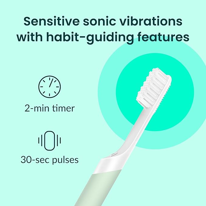 Quip Plastic Sonic Toothbrush, Electric Toothbrush for Adults –Time Travel & Soft Bristles with Travel Case & Replaceable Brush Head -3-Month Battery Life - Sage Green