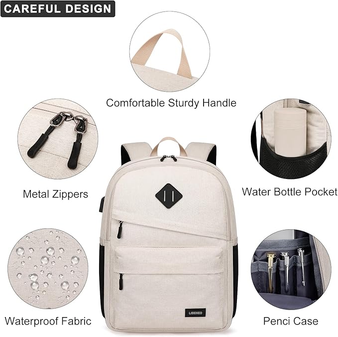 School Backpack for Teen Boys and Girls, Backpack for Men Women, 15.6 inch Laptop Back Pack for High School and College Students with USB Charging Port, Beige