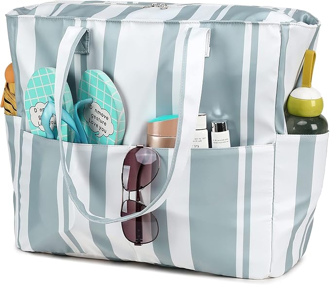 LEDAOU Beach Bag Waterproof Sandproof Women Tote Bag Pool Bag with Zipper for Gym Grocery Travel with Wet Pocket