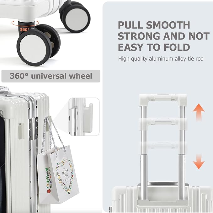 feilario 20in Aluminium Frame PC Hard Shell Spinner Wheels Luggage, Built-In TSA lock Carry on Suitcase, with Cup Holder, USB Port, Phone Holder ﻿