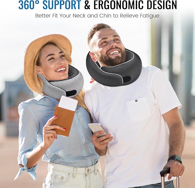 Travel Neck Pillows, 100% Memory Foam Filling, Travel Pillows for Airplanes, Compact and Ergonomic Design, Best for Sleeping Plane Train Travel Essentials (Light Black)