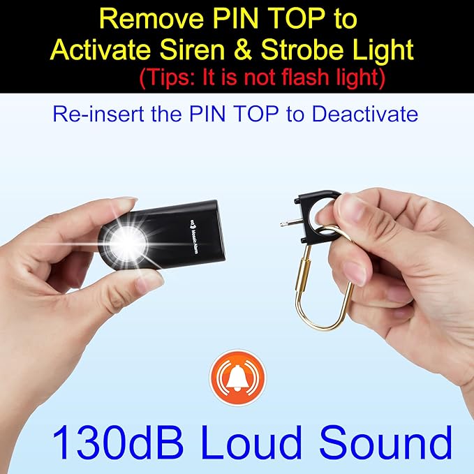 130dB Personal Safety Alarm Strobe Light. Loud Sound Keychain Siren with Carabiner for Women, School Children, Night Runners, Hiking. Bear Alarm Deterrent. SOS Emergency Self Defense Alerts. Black
