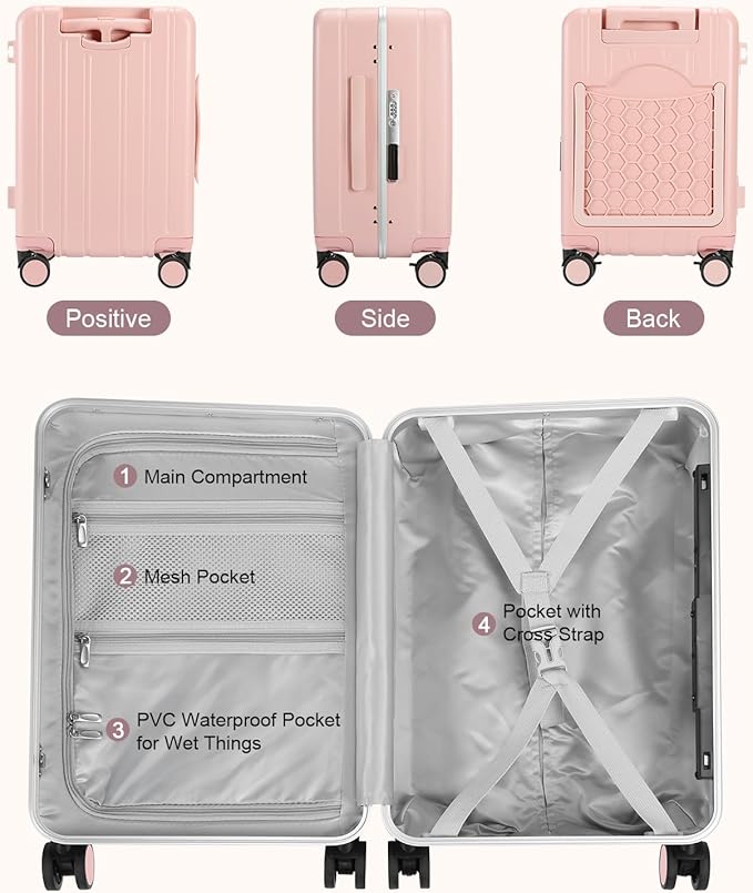 MRPLUM Carry On Luggage Double Handle Suitcase with Net Pocket,Hard Shell Spinner Wheels Luggage with TSA Lock&Seat Belt,20 inch,Pink