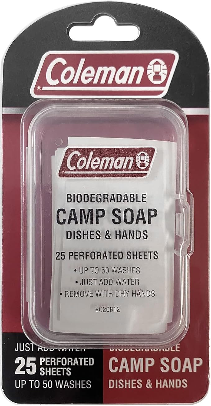 Coleman Camp Soap Sheets – 25 Travel Soap Sheets for Camping, Hiking & Backpacking – Perforated for 50 Washes, Dissolves Instantly in Hot or Cold Water, TSA-Approved for Travel