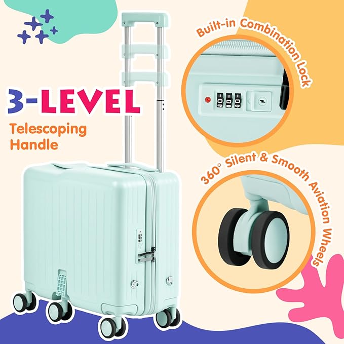 Kids Ride-On Luggage, 20" Hardshell Carry-On Suitcase with 6 Spinner Wheels, Foldable Pedal, Hidden Cup Holder & Combination Lock for Toddlers & Children (Green, 20-inch)