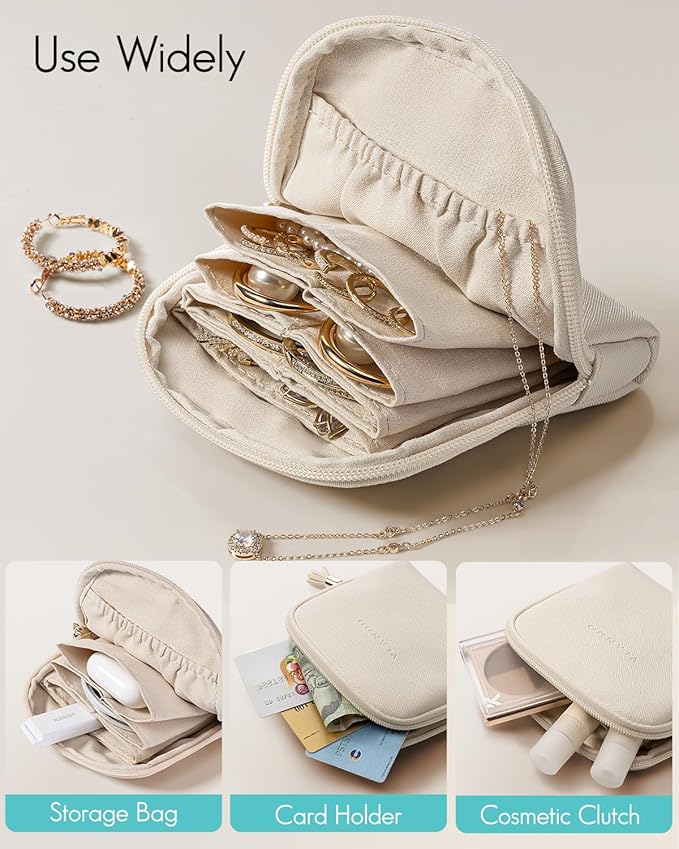 Vlando Mini Jewelry Travel Case,Jewelry Pouch Bags with Zipper,Velvet Jewelry Organizer Storage Bag for Bracelet Rings Earring Travel Essentials Gifts for Women Girl-Beige