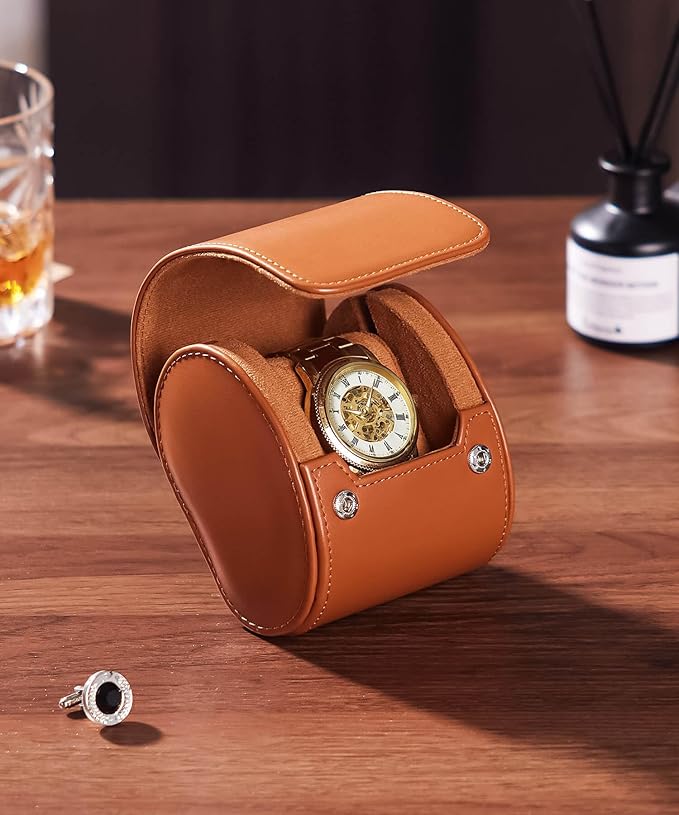 Homde Travel Watch Box Leather: Traveling Case for Men - Luxury Watch Roll for Wristwatch on the Go (brown, S)