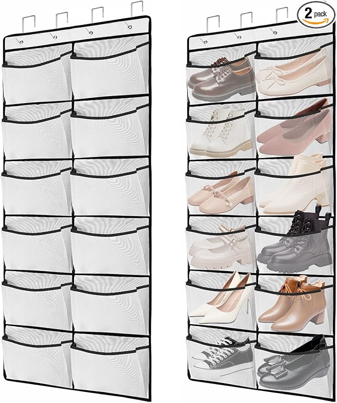 2 Packs Over the Door Shoe Organizer, 24 Extra Large Mesh Pockets Hanging Shoe Boots Rack Holder, Closet Hanging Organizers for Storage Sneakers High Heeled Shoes Slippers (White)