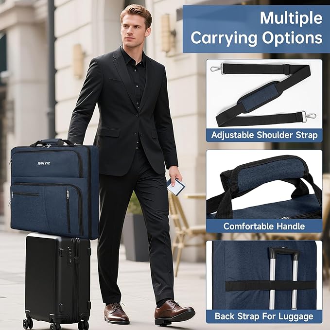 Garment Bags for Travel, 41'' Water-Resistant Carry On Garment Bag for Hanging Clothes, Large Suit Travel Bag Convertible Travel Garment Bag for Shirts, Dresses, Coats (Blue)