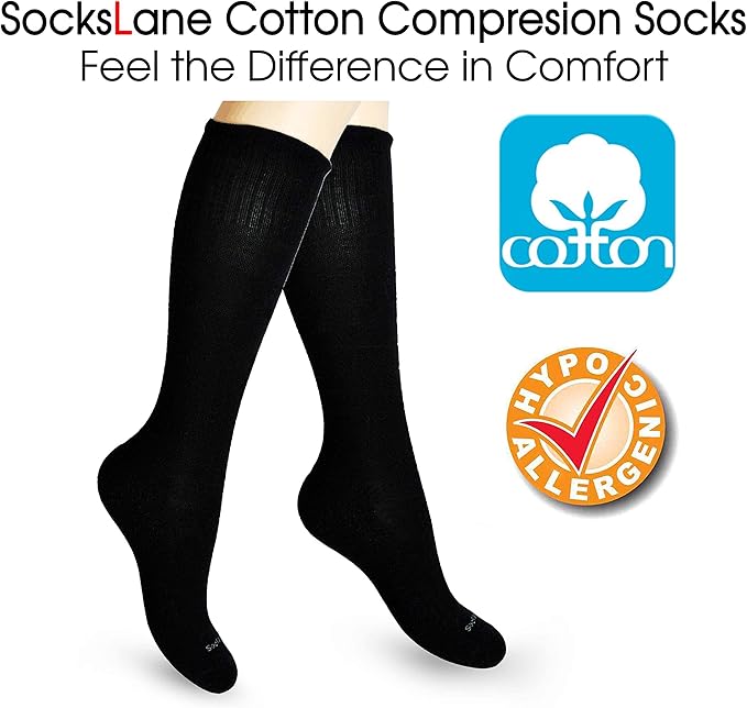 Cotton Compression Socks for Women & Men. 15-20 mmHg Support Knee-High Black Stripes X/W