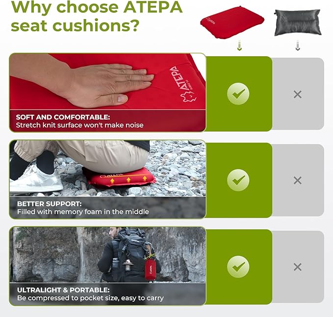ATEPA Inflatable Stadium Seat Cushion, Self-Inflating Memory Foam Stadium Seats Bleacher Seat Chair Cushion Pad for Airplane Travel Backpacking Sports Events