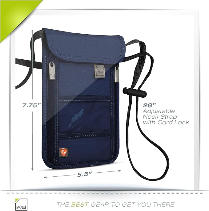 Lewis N. Clark RFID Blocking Stash Neck Wallet, Travel Pouch + Passport Holder for Women & Men, Navy, One Size