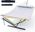 Double Hammock with Stand for Outdoor, Heavy Duty Portable Hammock with Adjustable Steel Stand for Patio, Garden, Beach, Backyard - Includes Carrying Bag,Round Gray