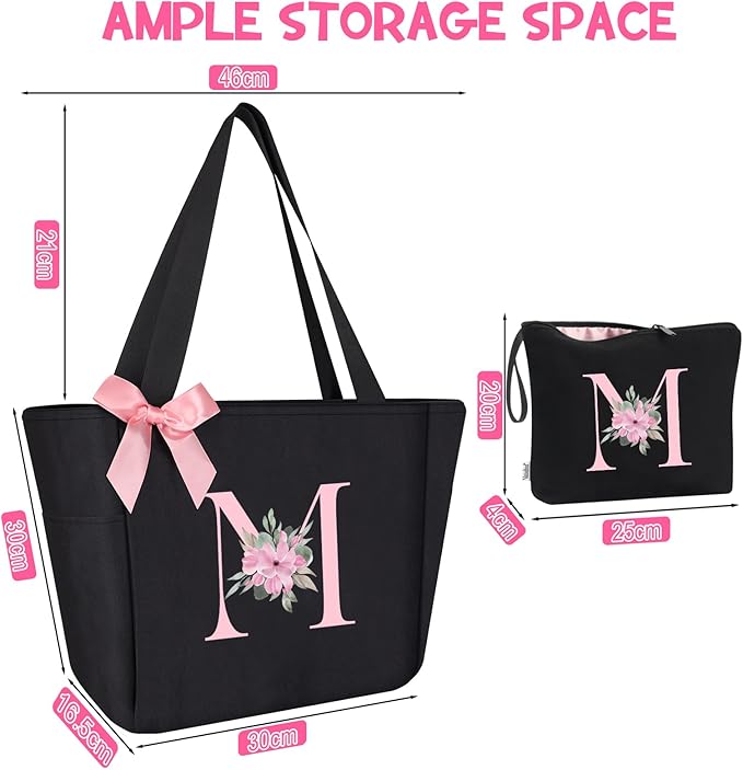 Vavabox Tote Bag, A-Z Initial Monogrammed Waterproof Tote Bag, Bridesmaid Gifts for Women, Black and Pink