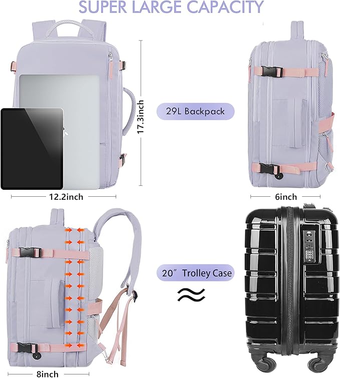 Beraliy Travel Backpack for Women, Airline Approved Backpack, Carry On Backpack,17.3 Inch Laptop Backpack,Personal Item Bag for College Weekender Business Hiking, Purple