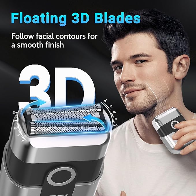 Electric Foil Shavers for Men: Mini Electric Razor, Foil Shaver for Face, IPX7 Waterproof Wet Dry Cordless Razor with 3 Floating Blades, LED Display, USB-C Fast Rechargeable for Travel & Home