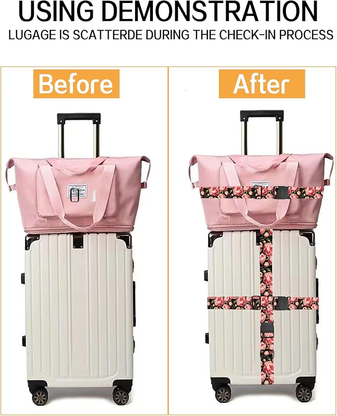 Luggage Straps for Suitcases, Adjustable Travel Belt, Durable Wide Luggage Strap, Cute Suitcase Strap Identifiers with Buckle, Bag Straps for Luggage, Luxury Red Flowers