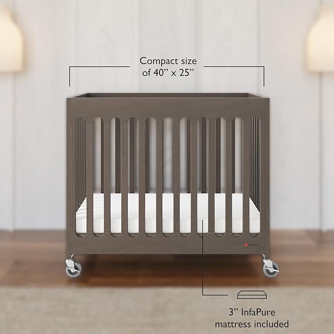 Foundations Boutique Folding Mini Baby Crib - Compact, Portable, Wooden Hotel Crib, Foldable Mini Crib for Baby & Toddlers - Includes 3" Foam Mattress, Dapper Gray