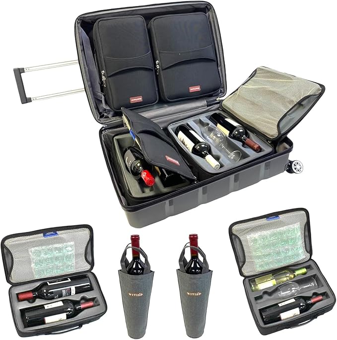 Premium Wine Travel Luggage | Holds 10 Bottles of 750 ML | TSA Lock | Expandable Packing Space | 360° Spinner | Double Straps |4 Insulated Unbreakable Carry Bag | 2 Insulated Totes| Grey