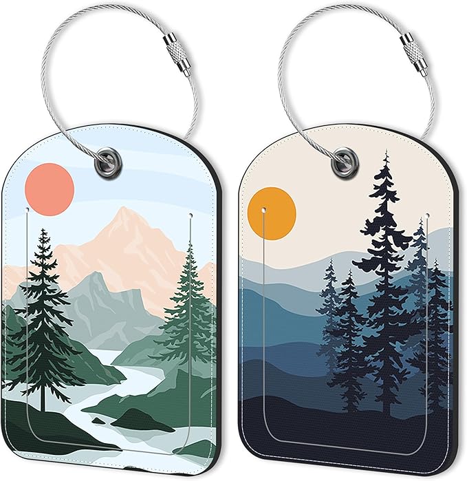 2 Pack Luggage Tag for Suitcase Sun Mountains Tree River Landscape Leather Suitcase Tags with Privacy Name ID Label and Stainless Steel Loop for Travel Bag