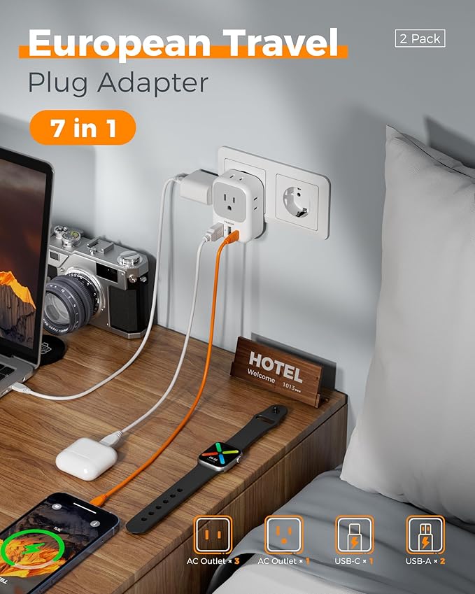 2 Pack European Plug Adapter USB C, TESSAN US to Europe Adapter 4 Outlets 3 USB Charger, Type C International Power Adaptor to Italy Spain France Portugal Iceland Germany, Europe Travel Essentials