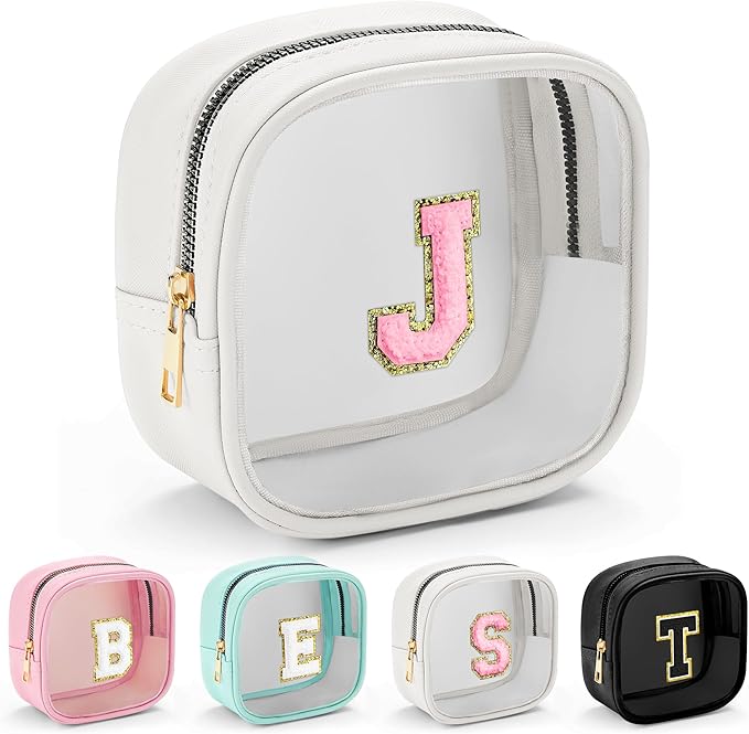 YOOLIFE Initial Make Up Bag Travel Toiletry Bag, Clear Makeup Bag Preppy Cosmetic Bags Organizer Travel Essentials Gifts for Women Teen Girlfriend Teacher Mom Birthday Mothers Day Gifts White J