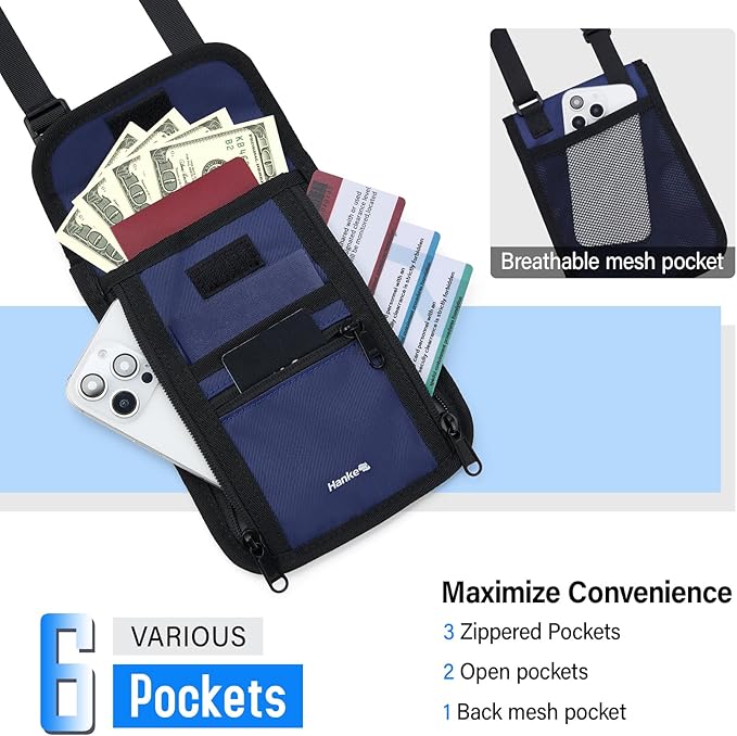 Hanke Passport Holder, Travel Wallet for Womens and Men, Neck Wallet Hidden Passport Pouch for Travel Adjustable Lightweight Thin with 6 compartments (Navy Blue)
