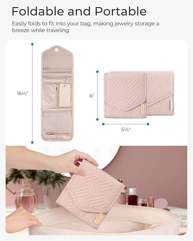 BAGSMART Travel Jewelry Organizer Case Foldable Jewelry Roll for Journey Rings, Necklaces, Earrings, Bracelets,Mini,Soft Pink