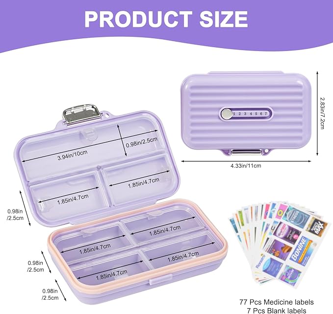 Travel Pill Organizer Box with Medicine Labels, 7 Compartments Portable Pill Case, Daily Medication Organizer Storage Pill Container for Pocket Pharmacy(Purple, L)