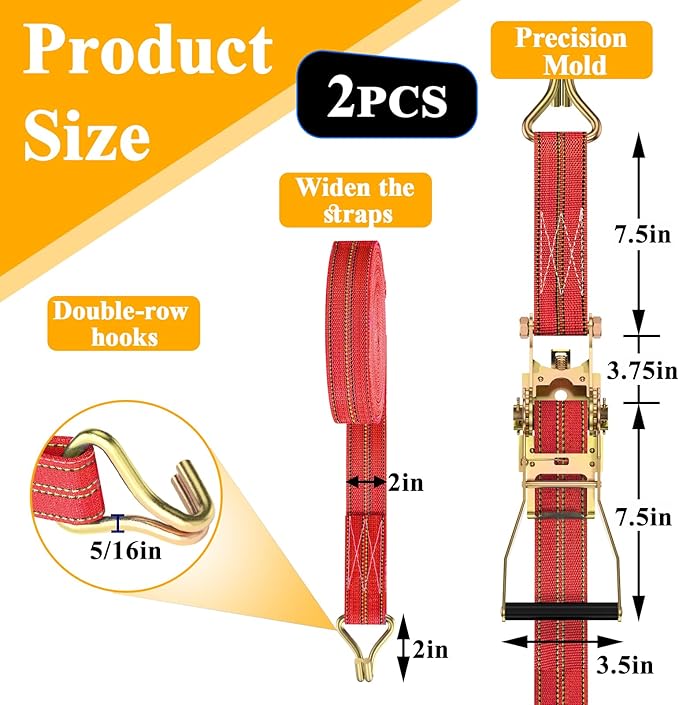 2Pack Ratchet Straps Heavy Duty, 2” 32Ft Tie Down Straps Ratchet, Tie Down Ratcheting with Double J Hook, 4000 LB Break Strength Cargo Strap Ratcheting for Moving, Trailers, Motorcycles and Car Roof