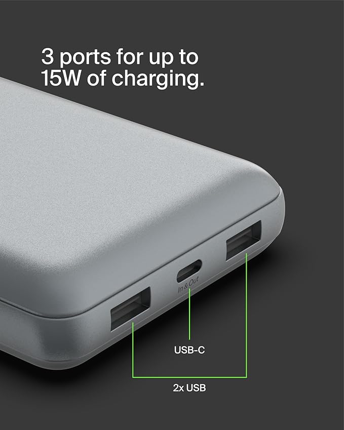 Belkin Portable Charger, USB C Power Bank 20000 mAh w/ 2 USB-A Ports, 15W w/A to C Cable for iPhone 16, 15, Samsung Galaxy S25, iPad, Nintendo Switch 2, Google Pixel 10, etc. - Gray