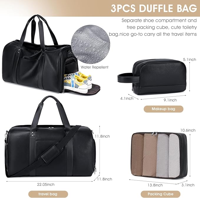 Wogarl 3PCS Leather Weekender Bag for Women Men Large Overnight Bag Travel Duffel Bag with Shoe Compartment Toiletry Packing Cube Carry On Bag Fit 21"" Laptop(Black), YT042