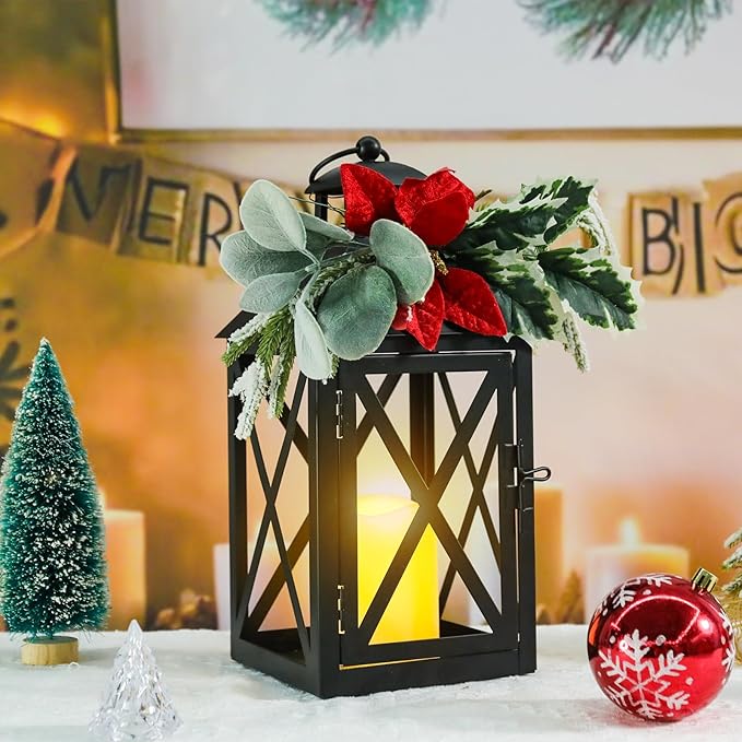 Christmas Lantern Outdoor Deror 13", 2 Pack Waterproof LED Hanging Decorative Candle Lantern with Berries Decor for Garden, Porch, Gift for Family, Friends, Women