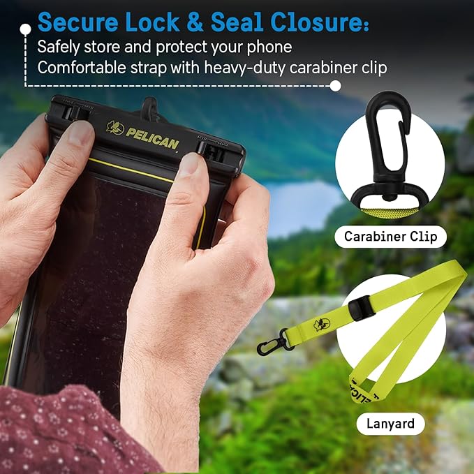 Pelican 4 Pack Marine - IP68 Waterproof Phone Pouch (XL Size) Floating Waterproof Phone Case - Beach Cruise Ship Travel Essentials - Works with All Phones - Detachable Lanyard - Black/Hi-Vis Yellow