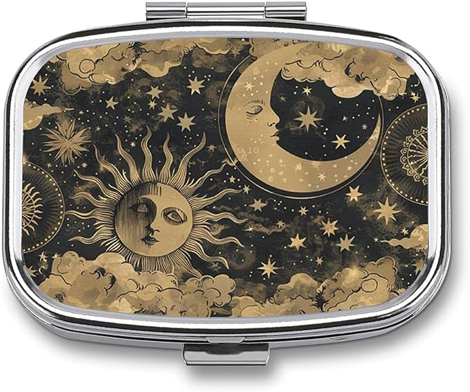 Metal 2 Compartment Pill Organizer Travel Friendly Portable Compact Pill Box Cute Pill Case,for Pocket Wallets Daily Portable Medicine Vitamin Tablet Storage (The Sun and The Moon)