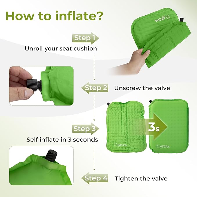 ATEPA Inflatable Stadium Seat Cushion, Self-Inflating Memory Foam Stadium Seats Bleacher Seat Chair Cushion Pad for Airplane Travel Backpacking Sports Events