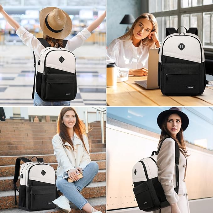 Backpack for Women, School Backpack with USB Charging Port for Teen Girls, 15.6 inch High College Bookbag Laptop Back Pack with Anti theft Water Resistant, Beige