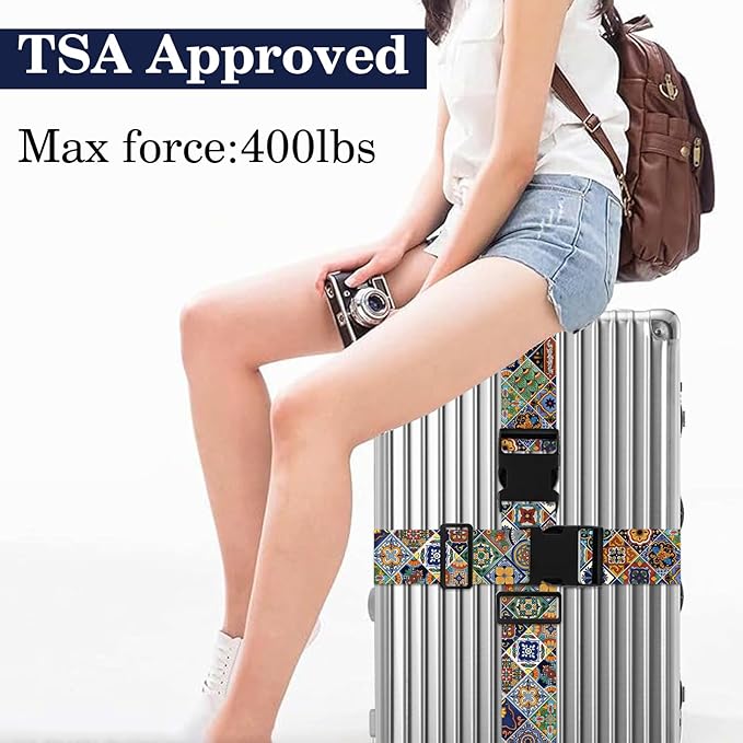 Boho Luggage Straps for Suitcases TSA Approved, Luggage Identifiers for Suitcase, Adjustable Suitcase Strap for Baggage Security with Cute Patten, Travel Necessary Accessories (2Pack)