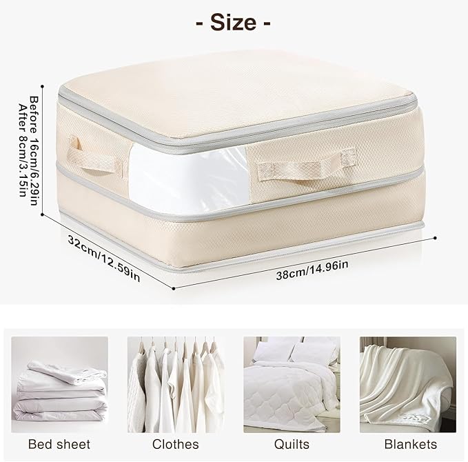 DIMJ Clothes Storage Bag 4 Pack, 19L Small Storage Bags for Sweater, Closet, Sheet Storage Organizer with Window, Compression Organizer Space Saver Storage Bags with Zipper, Beige