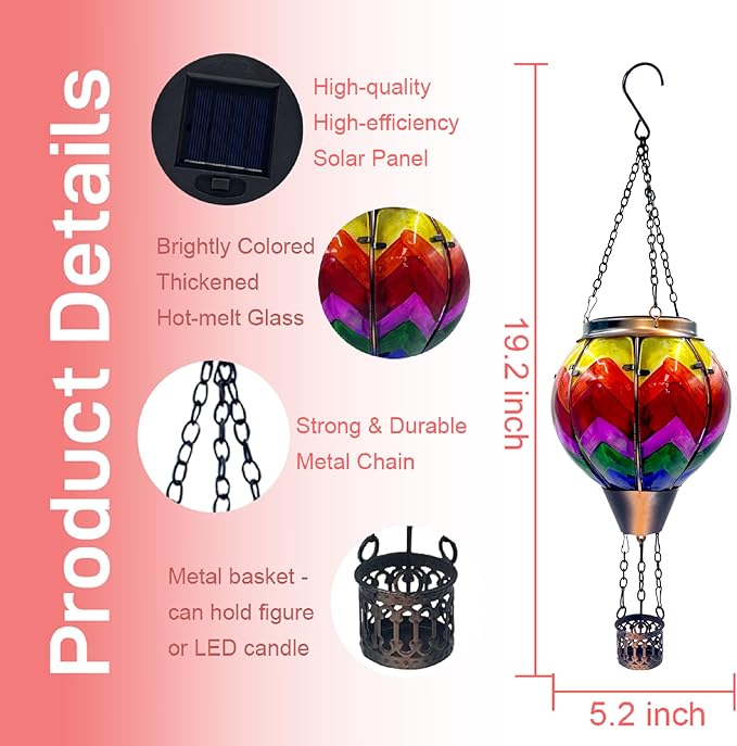 Hot Air Balloon Solar Lantern with Flickering Flame Light Glass Hanging Solar Lanterns Outdoor Waterproof for Garden Tree Yard Patio Party Decor, Color-Wave