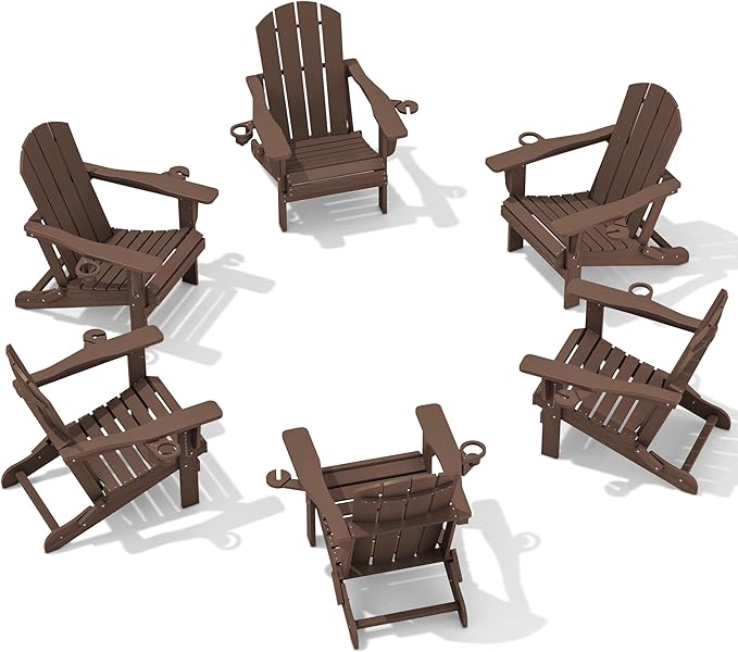 SERWALL Adirondack Chair with Cup Holders - Composite Adirondack Chairs Set of 6 HDPE Outdoor Chairs All Weather Use- Coffee