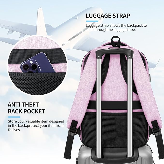 Pink Backpack for Women, School Backpacks for Girls Teen, Bookbag with USB Charging Port, College High School Backpack Fits 15.6 Inch Laptop, Casual Work Business Back Pack