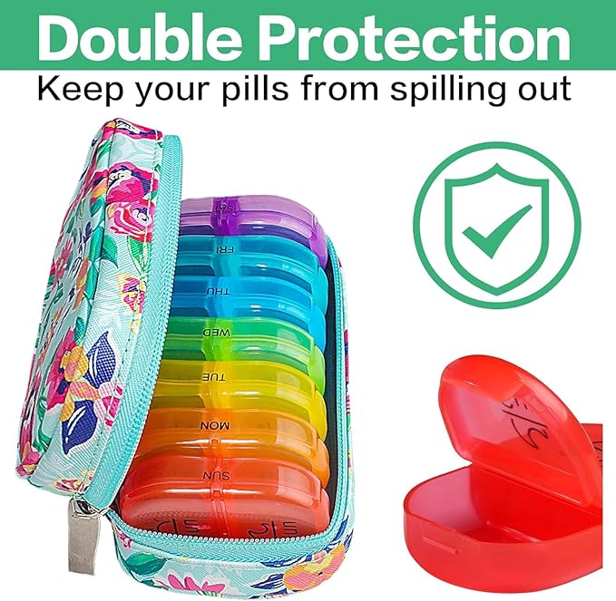 Serfeymi Weekly Travel Pill Organizer 2 Times A Day AM PM Upgraded Rainbow Pill Box 7 Day with Portable Zipper PU Leather Pill Case, Medicine Organizer for Pills, Vitamins, Fish Oils - Green-01