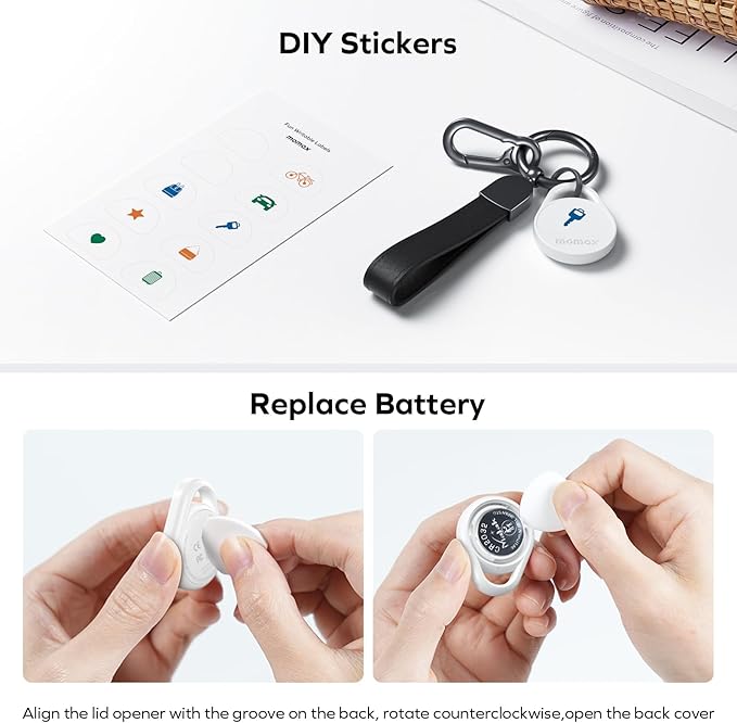 Momax Key Finder Tracker Tag - [Apple MFi Certified] Smart Bluetooth Tracking Device with Find My (iOS Only), Replaceable Battery, DIY Stickers, for Wallets, Luggage, Suitcases, Backpacks, 2 Pack